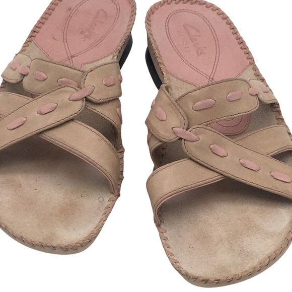 CLARKS ARTISAN 2 Tone Soft Pink Cream Leather Upper Open Slide Sandals size 9.5 - Picture 6 of 16